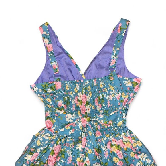 NEW! Matilda Jane Blue Floral V Neck Fit & Flare Dress Vintage Tie Bow Pin up XL - Picture 6 of 14